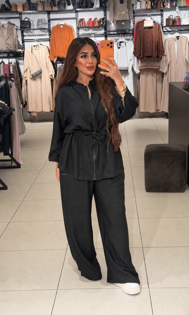 Linen Zip-Up Set with Waist Tie – Free Size